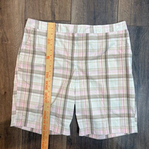 Izod Ladies Performx Plaid Golf Shorts Size 16 Beige Pink Brown Chino Stretch - Picture 5 of 6